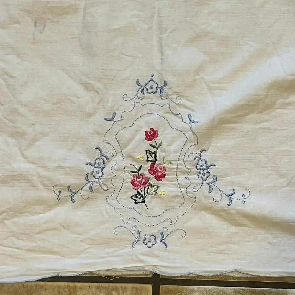 Vintage Embroidered Pillowcase Red Roses Blue Swirls Floral Elegant Home Decor